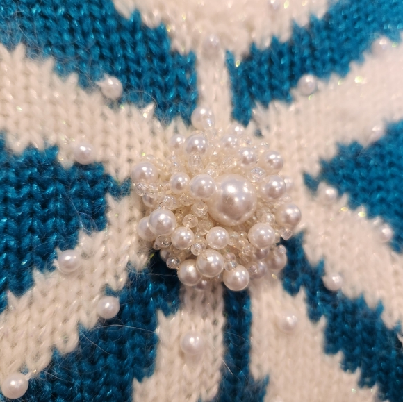 Vintage Jaclyn Smith sweater 80s 90s bow v neck beaded shoulder pads green blue - Picture 5 of 7